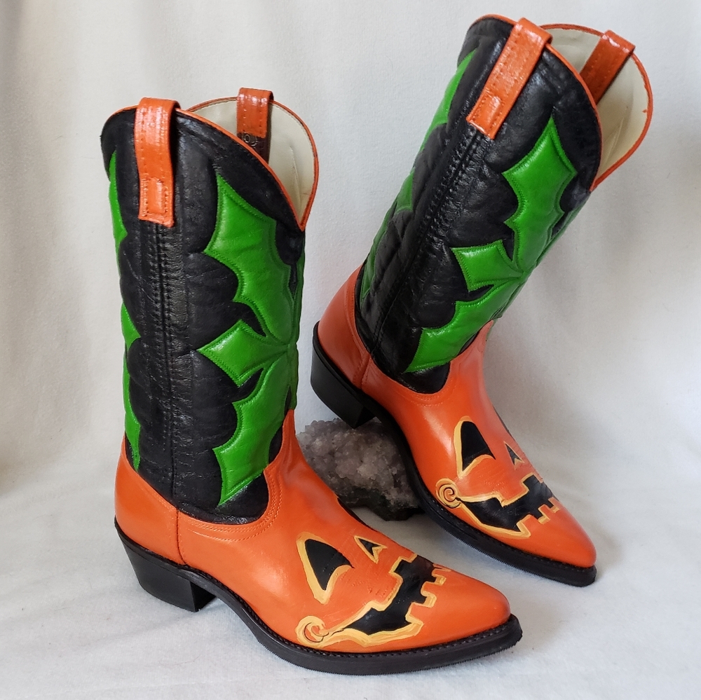 ❌SOLD❌Custom Jackolantern Vintage ACME Western Boots Pumpkin Cowboy Boots - Picture 13 of 14